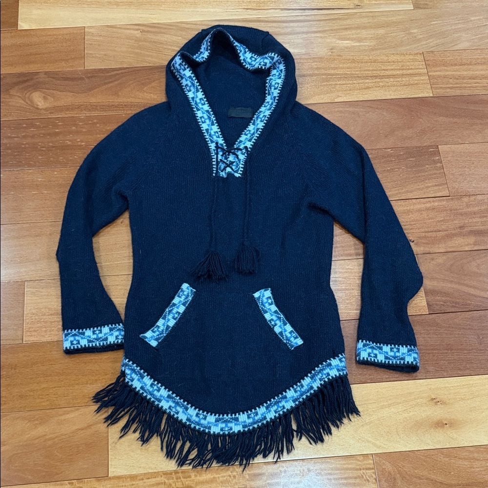 Navy Blue‎ Alpaca Wool Hooded Poncho with Fringe size s